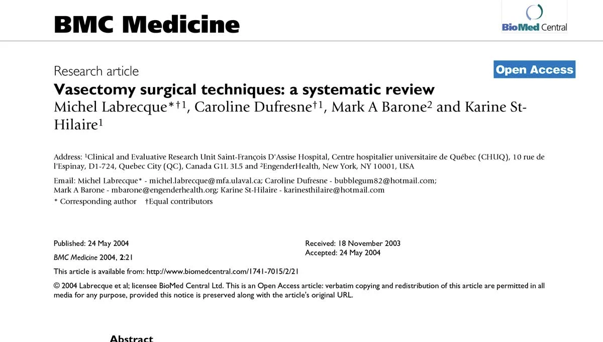 Přehledový článek o chirurgických technikách vazektomie v angličtině- BMC Medicine